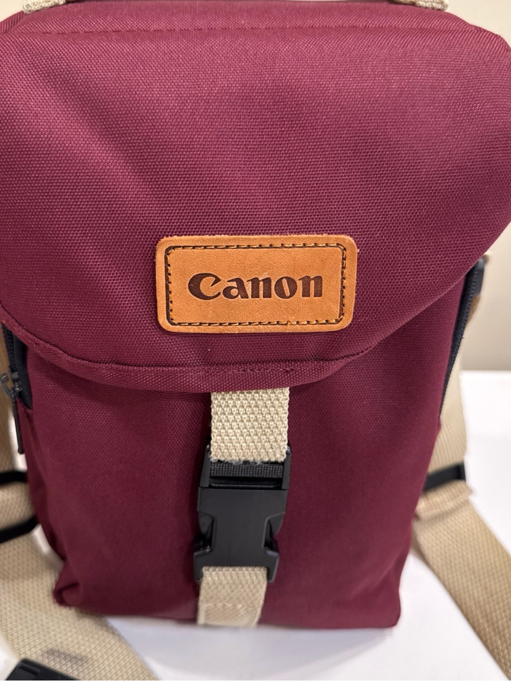 Canon Burgundy Messenger Sling Bag with Tan Accents